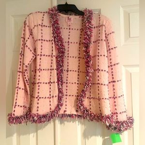 Pink Poodle Pink Cardigan with Pink, Black & White Stitching and Fringe